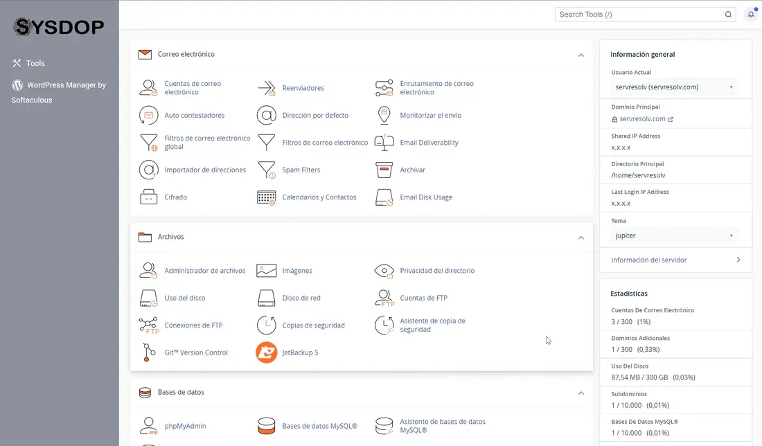 Panel de hospedaje cPanel